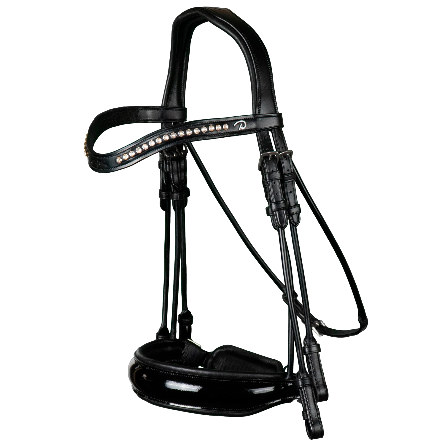 Dy'on Round Leather Patent Large Crank Noseband Double Bridle Black Full 4 Dy'on Round Leather Patent Large Crank Noseband Double Bridle Black Full - Image 2