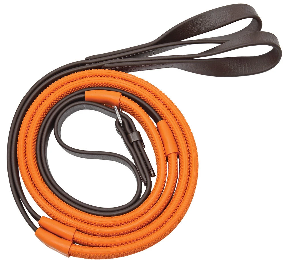 Reins Rubber Grip Pvc Loop End Epsom Brown & Orange Grips 3 Reins Rubber Grip Pvc Loop End Epsom Brown & Orange Grips